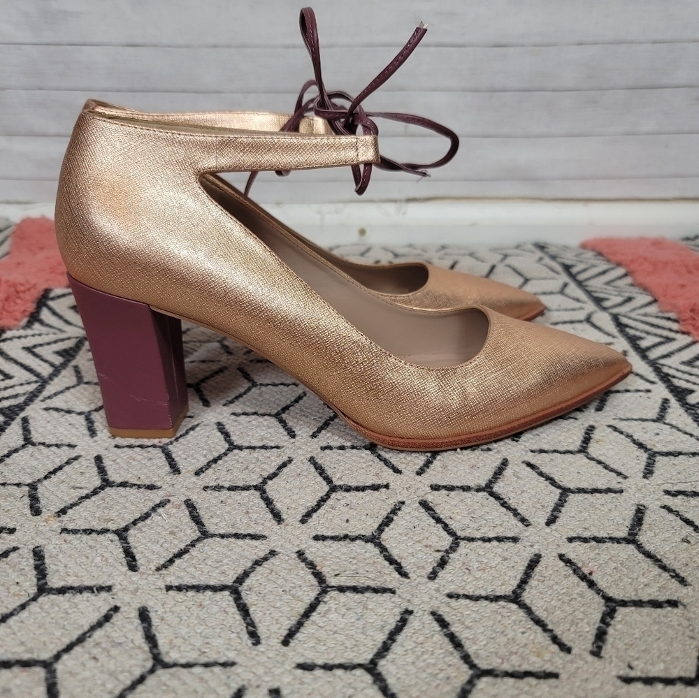 Anthropologie Metallic Rose Gold Pointed Toe Heels with Mauve Ties - Picture 4 of 16